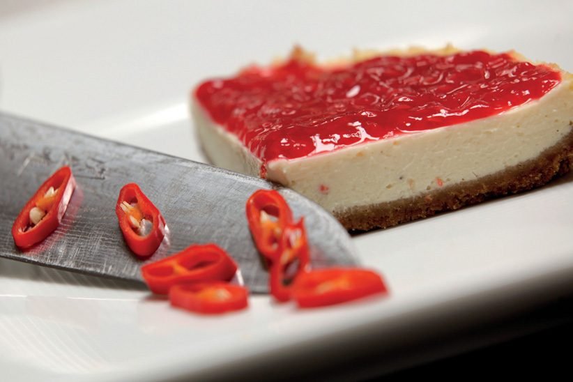 Chilli, goat cheese & raspberry cheesecake